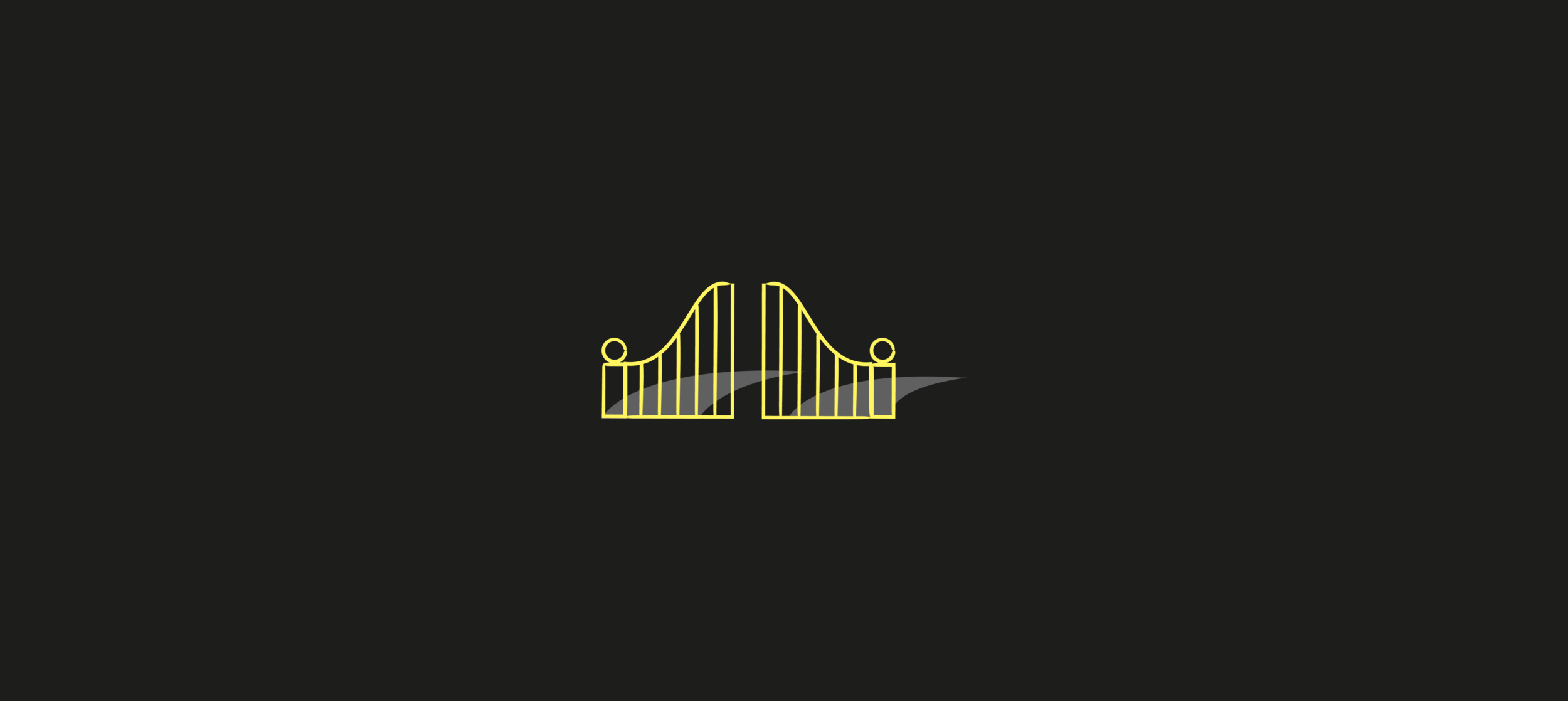 Abstract yellow illustration of a symmetrical, stylized gate or bridge with curved lines and vertical bars on a solid black background.