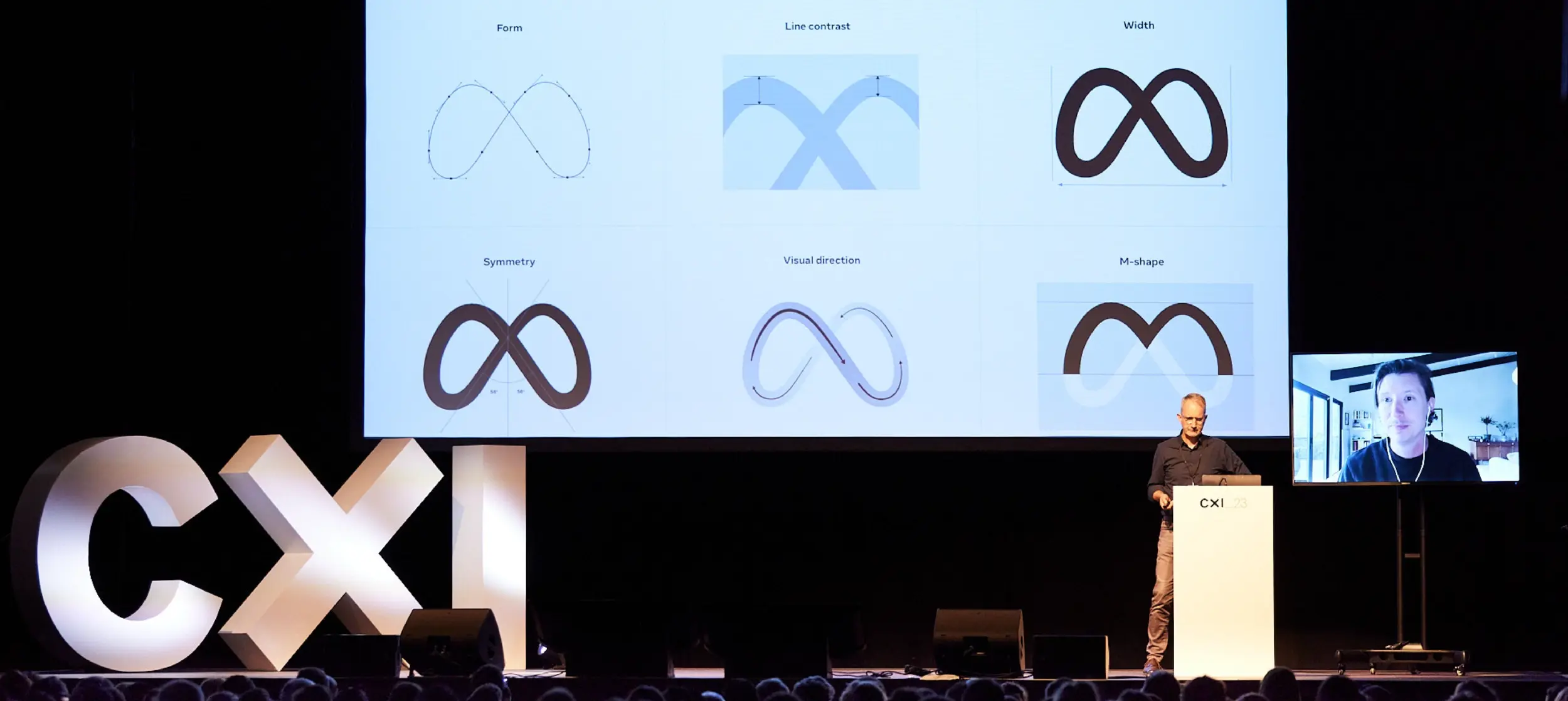 Gabor from Saffron presenting Meta's new branding at the CXI Brand Identity conference.