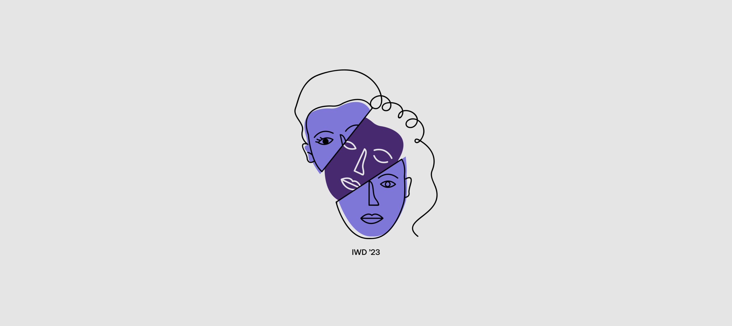 An abstract illustration featuring three overlapping female faces in varying shades of purple and blue. The artwork uses continuous line art to convey unity and diversity. Below the illustration, the text reads "IWD '23," referencing International Women's Day 2023.