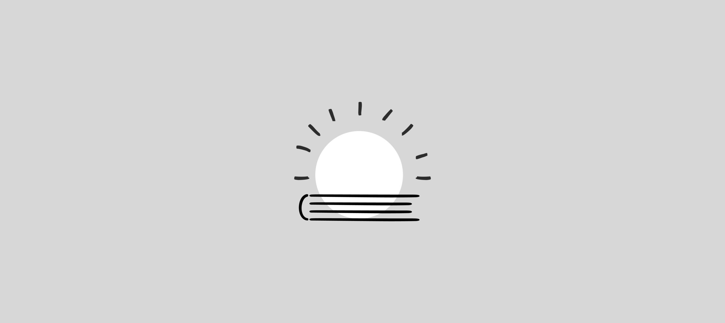 Illustration of a rising sun above a horizontal stack of lines resembling a book, set on a light gray background.