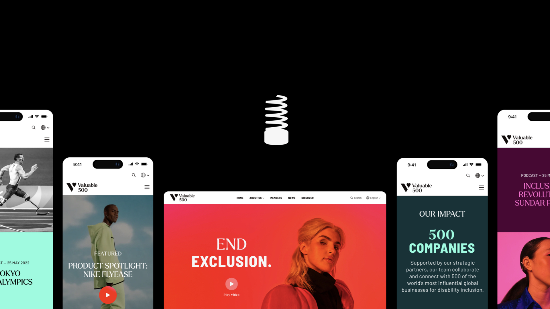 A central webpage with the slogan "END EXCLUSION," flanked by four mobile screens displaying pages on diversity, inclusion, and corporate impact themes, prominently highlights "the valuable 500." A spiral graphic adorns the top of the webpage.